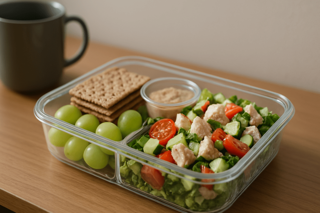A close-up shot of a clear plastic meal prep container shows chicken salad with cherry tomatoes, cucumbers, and lettuce, along with whole grain crackers, green grapes, and a small cup of hummus. The container is placed on a wooden desk with soft natural light and a blurred mug in the background
