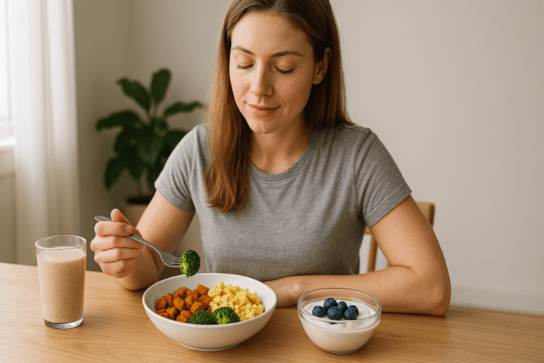 A young woman in her late twenties, dressed in a heather gray T-shirt, enjoys a wholesome breakfast with scrambled eggs, roasted sweet potatoes, broccoli, and a smoothie at a light wooden dining table, bathed in soft morning sunlight.