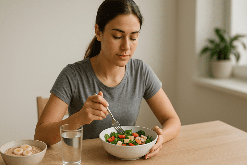 A young woman with an athletic build, dressed casually, sits at a light wooden kitchen table with a bowl of scrambled eggs and three meal prep containers filled with grilled chicken, sautéed spinach, and sweet potatoes, in a warmly lit modern kitchen.
