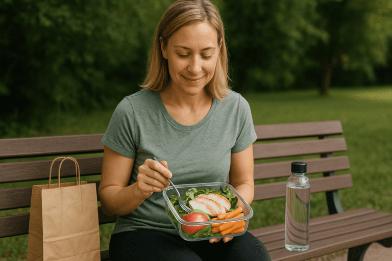 A woman with blonde, shoulder-length hair sits on a weathered wooden park bench, smiling gently as she looks at her balanced, health-conscious lunch. Her meal, neatly divided into sections, includes spinach with grilled chicken, baby carrots, apple slices, and broccoli florets, set beside a crumpled kraft lunch bag and a water bottle, all bathed in soft, natural light amidst a lush park setting.