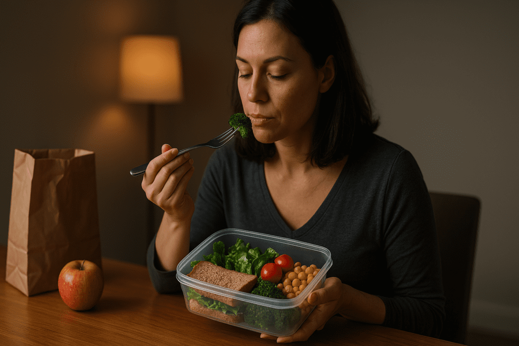 A soft-lit photograph shows a woman in her 30s to 40s sitting at a wooden table, focused on a bite of steamed broccoli from her clear lunch container. She wears a gray V-neck top, her meal includes a salad, chickpeas, a small sandwich, and an apple, while a warm lamp and a crumpled paper bag softly blur in the background, emphasizing her calm concentration.