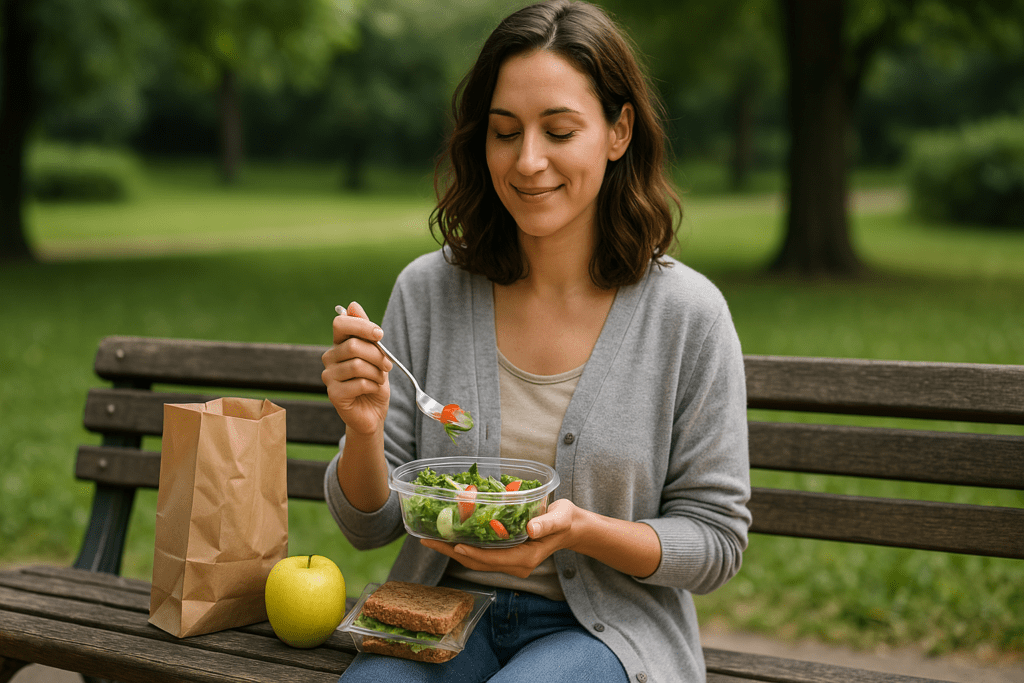 A soft-lit photograph shows a woman in her 30s to 40s sitting at a wooden table, focused on a bite of steamed broccoli from her clear lunch container. She wears a gray V-neck top, her meal includes a salad, chickpeas, a small sandwich, and an apple, while a warm lamp and a crumpled paper bag softly blur in the background, emphasizing her calm concentration.