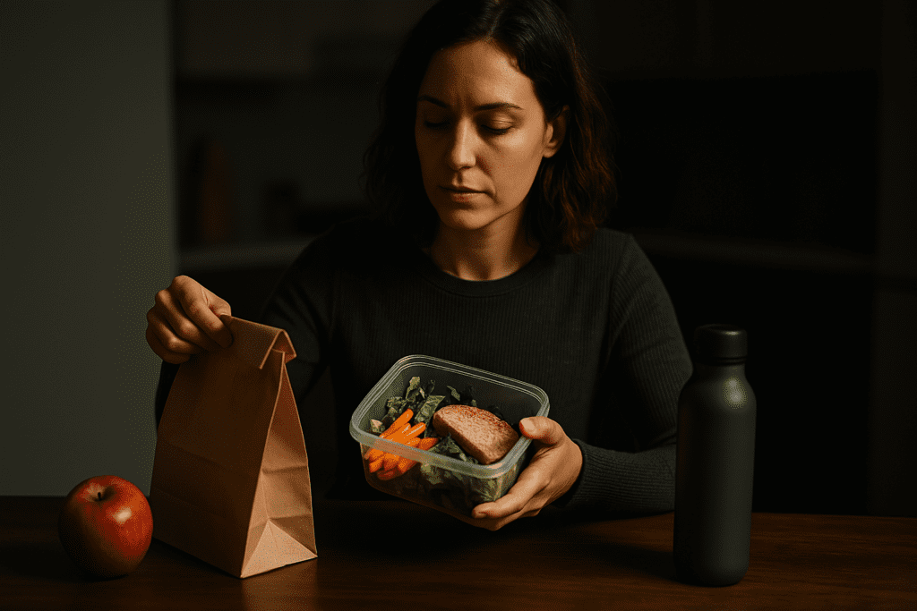 A woman with blonde, shoulder-length hair sits on a weathered wooden park bench, smiling gently as she looks at her balanced, health-conscious lunch. Her meal, neatly divided into sections, includes spinach with grilled chicken, baby carrots, apple slices, and broccoli florets, set beside a crumpled kraft lunch bag and a water bottle, all bathed in soft, natural light amidst a lush park setting.