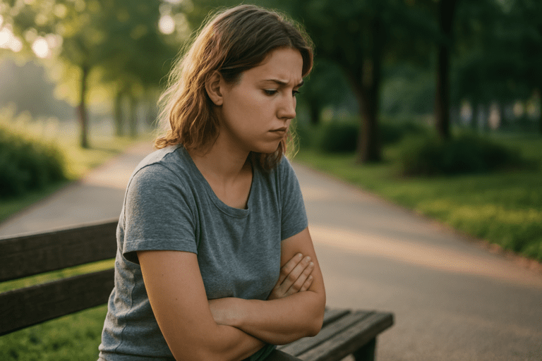 A young woman with wavy hair sits on a wooden bench in a peaceful park, reflecting quietly as the soft golden morning sunlight highlights the greenery around her. The blurred background adds serenity, emphasizing her contemplative mood and the natural setting.