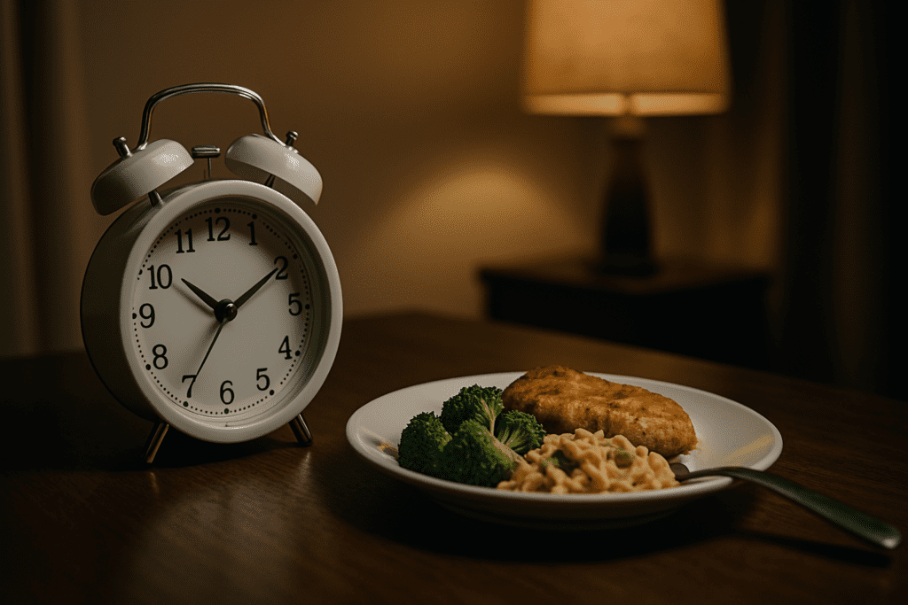 A white analog alarm clock with black numerals sits on a dark wooden table next to a plate of grilled chicken, vibrant broccoli, and pasta in a dimly lit room. The soft lighting creates a cozy atmosphere, emphasizing the concept of meal timing and reflection.
