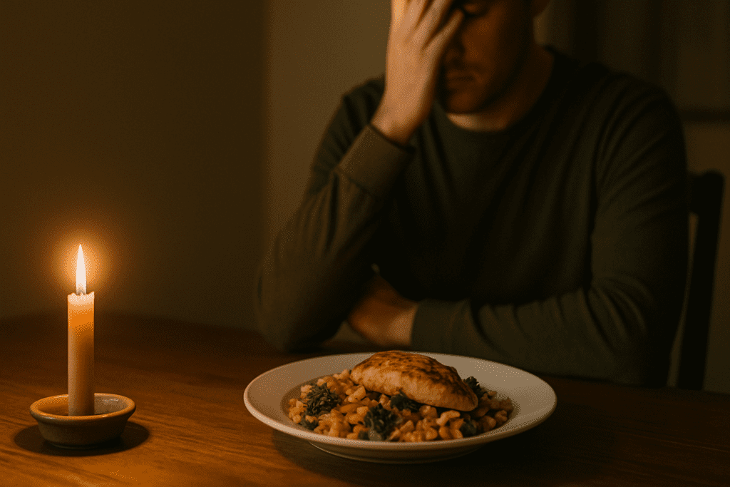A dimly lit dining scene with a softly glowing candle on a wooden table, illuminating a plate of grilled chicken and pasta. A man, slightly blurred in the background, sits lost in thought, adding an emotional and reflective tone to the environment.