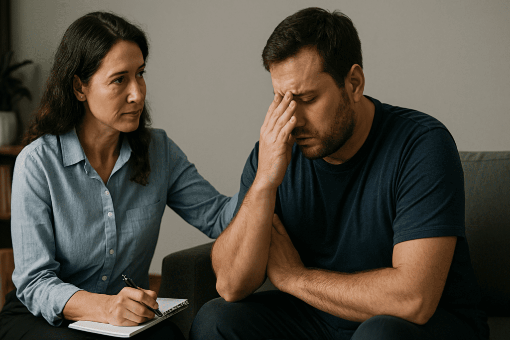 therapy session in a professional setting where a middle-aged female therapist with a calm demeanor listens compassionately to a distressed male client, who is hunched and covering his face. The softly lit, neutral background highlights the emotional intensity of the interaction.