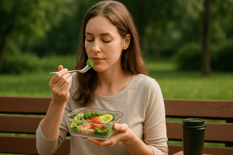 A young woman with light-brown hair enjoys a nutritious meal on a wooden park bench under soft, natural light. She focuses on her forkful of quinoa salad, which includes avocado, cherry tomatoes, and broccoli, surrounded by a serene park setting.