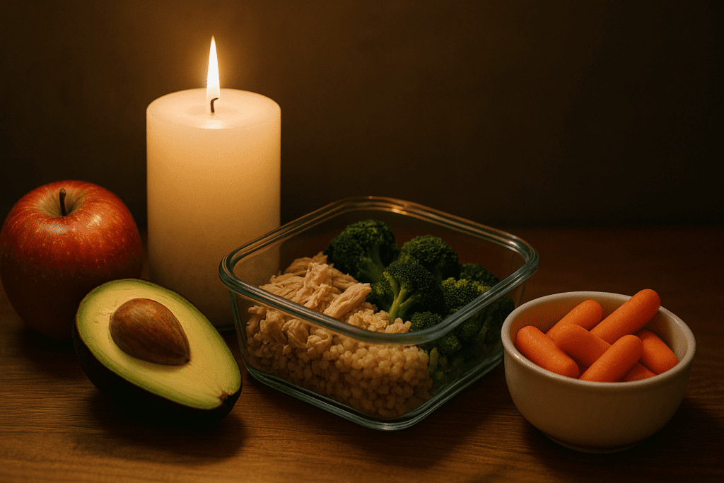 Smart & Satisfying: Healthy Sides for Lunch at Work That Help You Stay Full, Focused, and Energized 1 A clear glass container with a lit white candle sits on a rustic wooden surface surrounded by fresh produce. The arrangement includes a ripe apple, avocado, shredded chicken, and baby carrots, illuminated by soft, golden light.