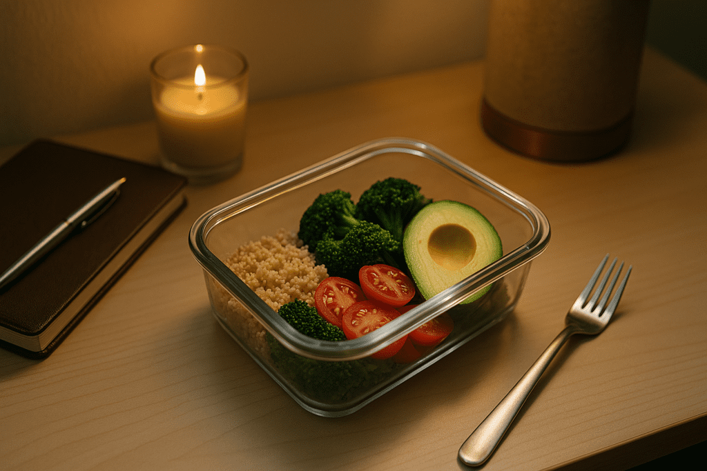 Smart & Satisfying: Healthy Sides for Lunch at Work That Help You Stay Full, Focused, and Energized 2 A meal prep container filled with quinoa, broccoli, sliced tomatoes, and half an avocado is placed on a light wooden desk. Nearby are a leather notebook, a silver pen, and a stainless steel fork, with warm, inviting light from a desk lamp and a lit candle highlighting the scene.