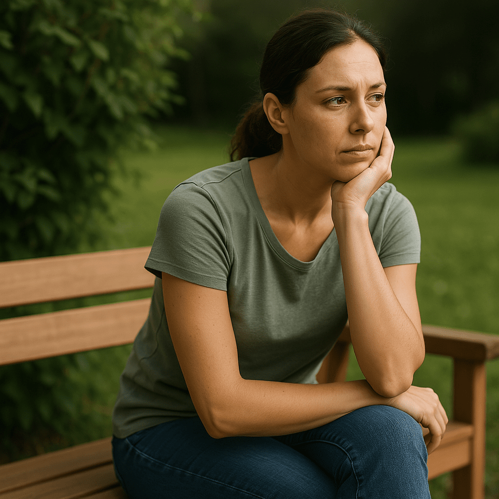 A photograph captures a Caucasian woman in her mid-30s sitting on a wooden bench surrounded by lush greenery. She gazes thoughtfully into the distance, with soft natural sunlight casting a gentle glow on her face, emphasizing her reflective mood.