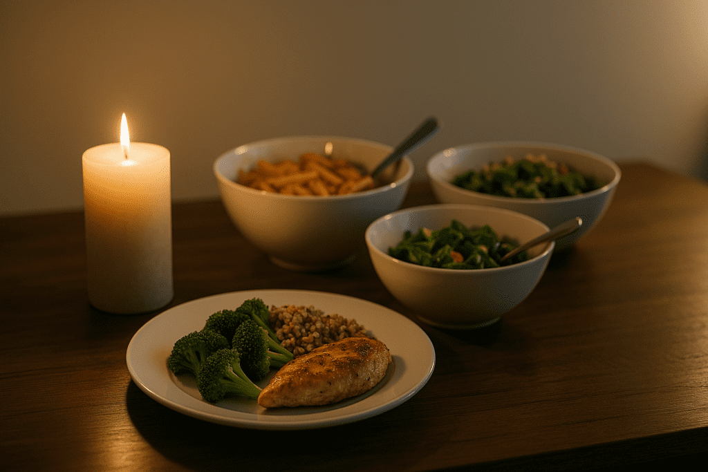 A photograph captures a home-cooked meal set on a dark wooden dining table. The main dish features grilled chicken, steamed broccoli, and quinoa, accompanied by side dishes of salad and pasta, all illuminated by the warm glow of a nearby candle.
