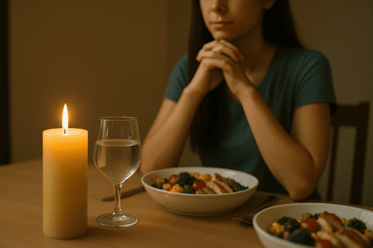 A photograph captures a close-up of a dinner table with a lit candle, a glass of water, and a colorful bowl of food. The soft, warm glow highlights the peaceful and inviting atmosphere as a woman reflects quietly.