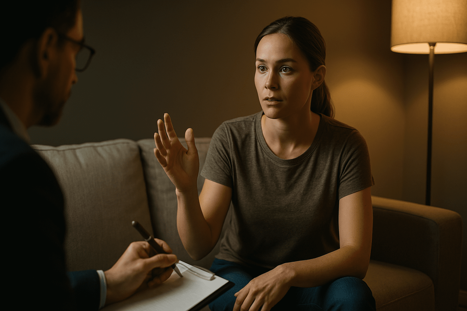 A photograph captures a therapy session between a young woman sitting attentively on a gray sofa and a therapist, partially visible, focusing on his notes. The ambient lighting from a floor lamp enhances the calm and introspective mood of the room.