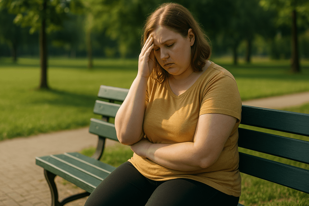 A woman in her late twenties or early thirties sits on a dark green wooden bench in a sunlit park, her face showing deep thought as she gazes downward. Dressed in a mustard yellow t-shirt and black leggings, she reflects in the warm, dappled light, with the soft shadows of surrounding trees adding to the peaceful scene.