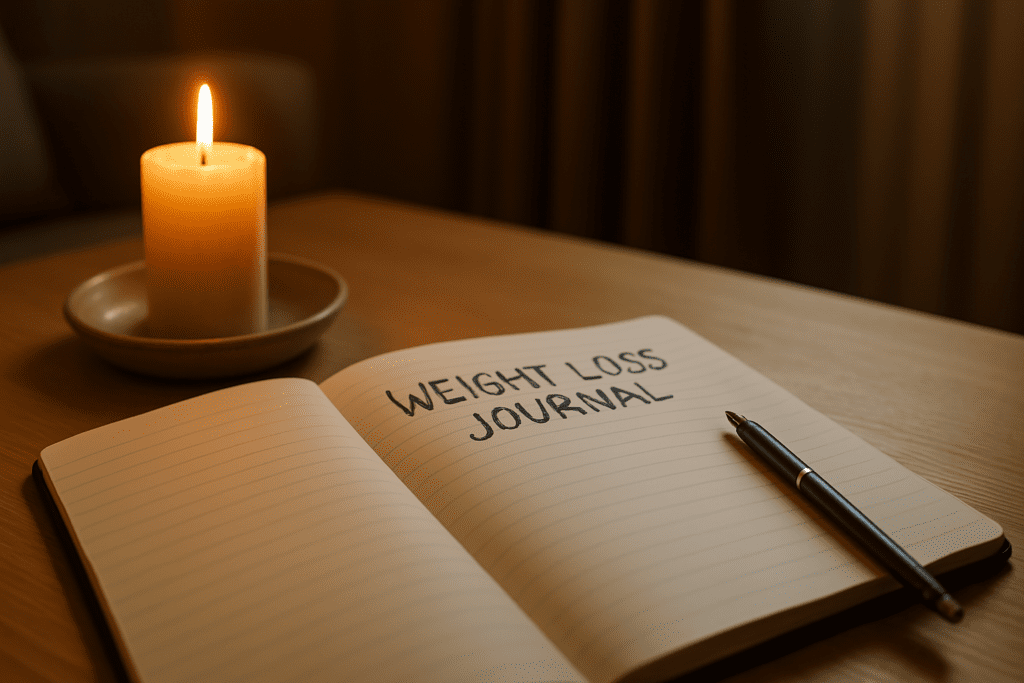 In a softly lit room, a close-up photo shows an open weight loss journal resting on a wooden table, with "WEIGHT LOSS JOURNAL" handwritten at the top. To the left, a lit beige pillar candle in a shallow dish provides warm illumination, creating a cozy ambiance as it contrasts with the darker, blurred backdrop of a fabric-covered chair and brown curtain.