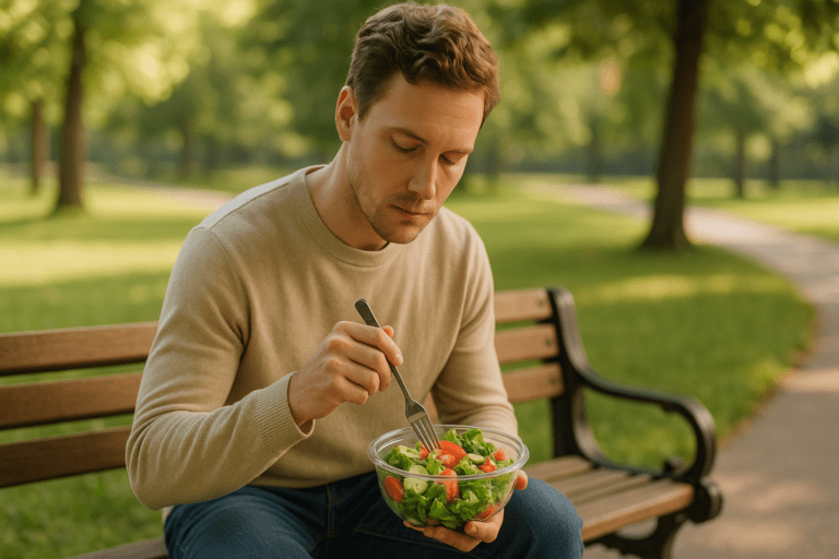A young man with light skin and short, wavy brown hair sits on a park bench during the daytime, eating a fresh salad from a clear plastic bowl. He is wearing a beige sweater and blue jeans, with a calm and focused expression. The sunlit park in the background is softly blurred, creating a peaceful and inviting atmosphere that reflects healthy eating habits.