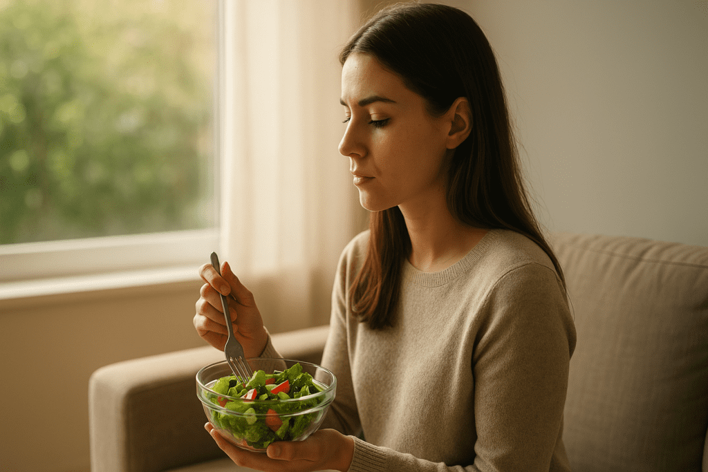 A young woman with long, chestnut-colored hair sits on a beige sofa, holding a bowl of salad in one hand and a fork in the other. Sunlight streams through a large window behind her, softly illuminating her thoughtful expression. The outdoor garden view visible through the window adds to the tranquil and mindful atmosphere, reinforcing the theme of healthy eating at home.
