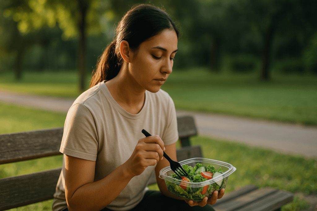 A young woman with medium skin tone and dark brown hair tied back in a low ponytail sits on a weathered park bench, holding a container of fresh salad. She gazes thoughtfully into the distance while bathed in the warm, golden sunlight. The lush greenery in the softly blurred background highlights a serene outdoor setting that encourages mindful eating.