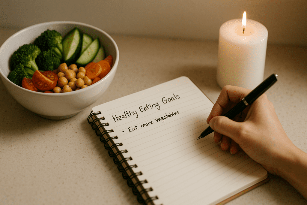 An open spiral-bound journal with “Healthy Eating Goals” handwritten on the first page sits on a light beige countertop. The first goal, “Eat more vegetables,” is already listed, and a hand holding a pen is poised to write more. A colorful salad bowl and a lit pillar candle nearby cast a warm glow, with natural lighting enhancing the cozy and organized setting, reflecting the commitment to healthier eating habits.