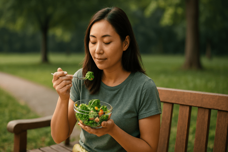 A young Asian woman with dark brown hair enjoys a fresh salad on a wooden park bench during a sunny afternoon. The bowl contains broccoli, spinach, and chickpeas, reflecting a focus on nutrient-rich foods for a healthier lifestyle.