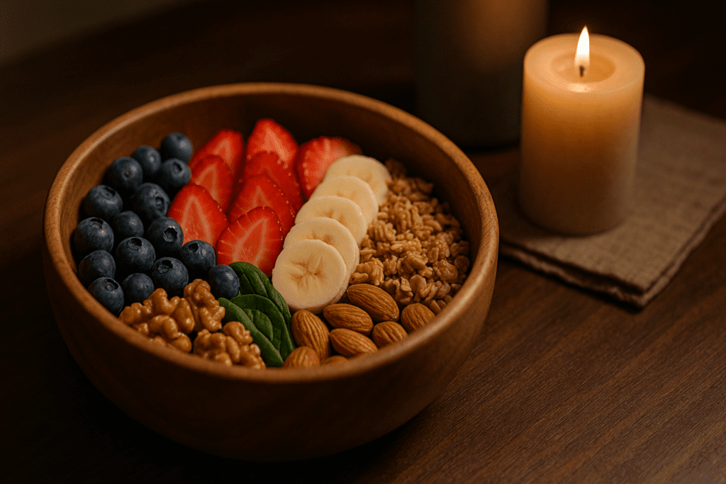 A cozy scene featuring a wooden bowl filled with blueberries, strawberry slices, banana rounds, walnuts, and almonds sits on a dark wooden surface. Warm ambient light and a lit candle in the background enhance the inviting, nourishing atmosphere.