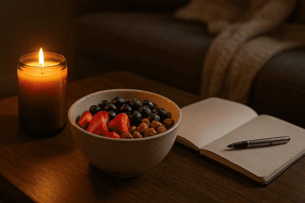 A wooden coffee table displays a lit candle, a bowl of fresh fruit and nuts, and an open notebook with a silver pen. The warm candlelight and the blurred background of a gray sofa evoke a peaceful and mindful ambiance.