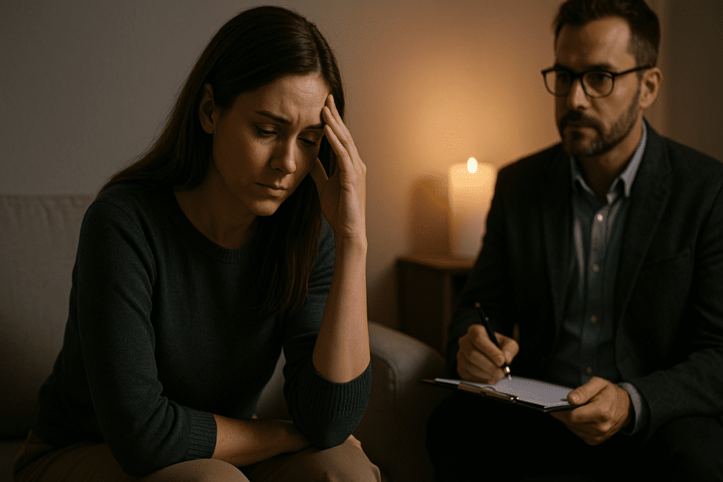 A woman with chestnut hair sits in contemplation on a gray sofa while her therapist observes attentively. The dim, candle-lit room highlights the quiet reflection and supportive environment, symbolizing care for mental well-being.
