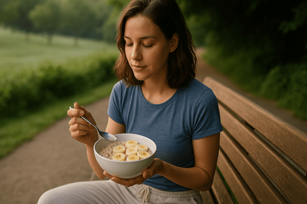 A young woman with chestnut-brown hair enjoys a bowl of oatmeal topped with banana slices on a weathered wooden bench in a lush park. She is bathed in soft, golden morning light, wearing a blue shirt, and her serene expression reflects calmness and mindfulness in the tranquil natural setting.