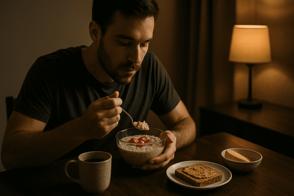 A light-skinned man in his late twenties enjoys an evening breakfast at a dark wooden table. He sits contentedly, bathed in warm, ambient light from a nearby lamp, with a spoonful of oatmeal topped with strawberries. The cozy setting also includes a mug, avocado toast, and a halved banana.