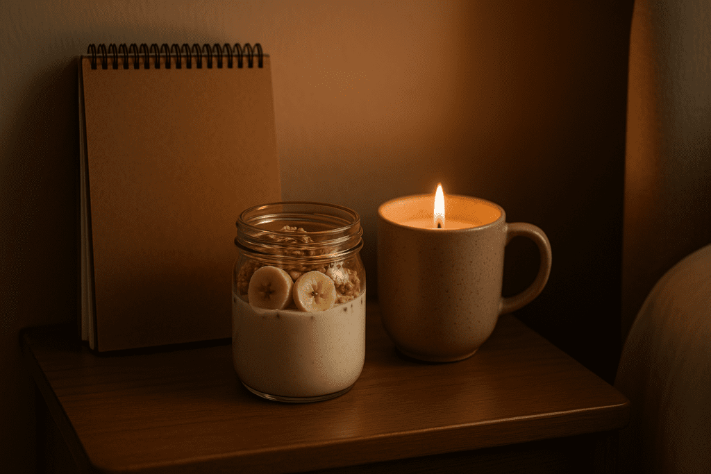 A cozy still life on a wooden nightstand features a jar of creamy yogurt topped with banana slices and granola, a spiral-bound notebook, and a ceramic mug with a candle. The soft glow from the candle casts gentle shadows on the beige wall, creating a warm and serene atmosphere.