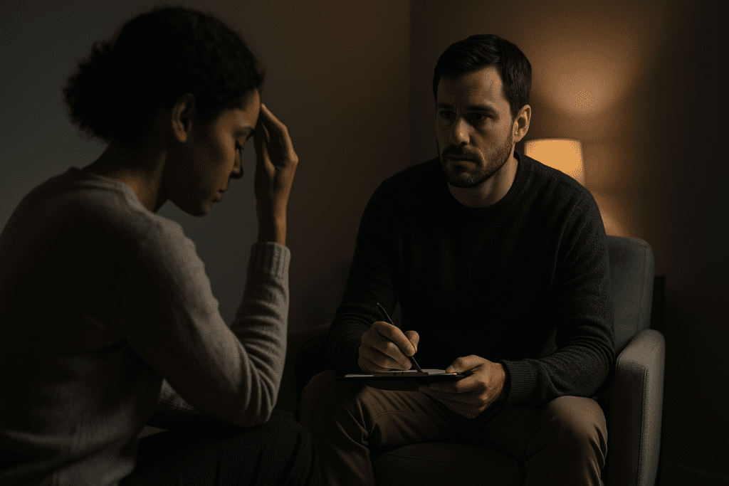 A therapy session unfolds in a dimly lit room with dramatic lighting. A therapist, a focused man in his late 30s, sits in a gray chair holding a clipboard while a woman with curly hair looks pensive, resting her head on her temple. The soft glow of a table lamp highlights the intimate and thoughtful ambiance.