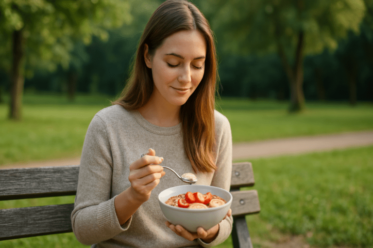 A young woman with light brown hair and freckles, dressed in a beige sweater, enjoys a peaceful breakfast outdoors on a sunny morning. She sits on a wooden bench in a serene park, surrounded by greenery, as she takes a spoonful of oatmeal, with dappled sunlight adding warmth to the scene.