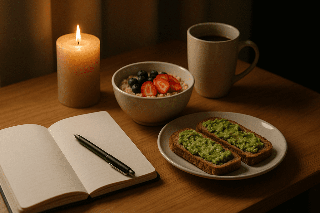 A warm, inviting breakfast scene unfolds on a light wooden table, where a soft glow from a beige pillar candle illuminates the nearby objects. A journal and pen rest beside a fresh plate of avocado toast, oatmeal topped with berries, and a steaming mug, all gently bathed in the candle’s flickering light against cream-colored curtains.