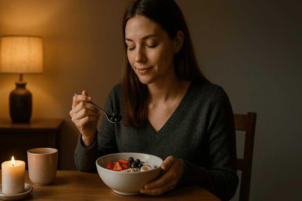 A serene young woman with light brown hair enjoys a wholesome breakfast at a wooden table, bathed in soft, warm light from a nearby lamp. Dressed in a cozy gray sweater, she savors oatmeal topped with fresh fruit and cottage cheese, while the earthy tones and minimalistic decor create a calm atmosphere.