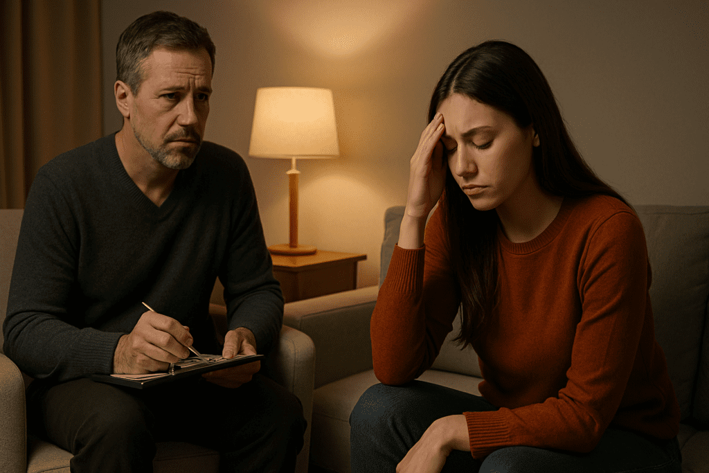 A therapy session in a softly lit room during the evening, with a middle-aged therapist attentively sitting in a beige chair across from a young woman on a light gray couch. The therapist, dressed in a dark sweater and pants, holds a clipboard and pen, while the distressed woman, with her hand to her temple, reflects an atmosphere of care and support.
