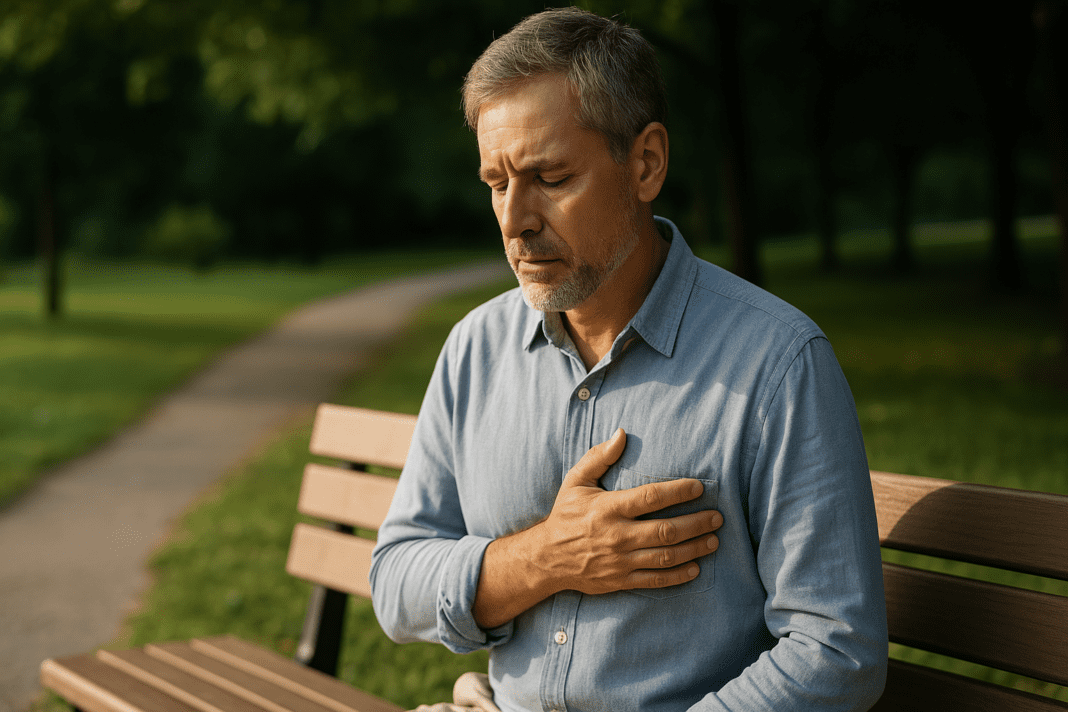 A middle-aged man with salt-and-pepper hair sits quietly on a park bench surrounded by lush greenery, resting his hand gently over his heart as he reflects on improving his heart health. The warm natural light highlights his thoughtful expression, reinforcing the theme of adopting heart-healthy habits through lifestyle changes.