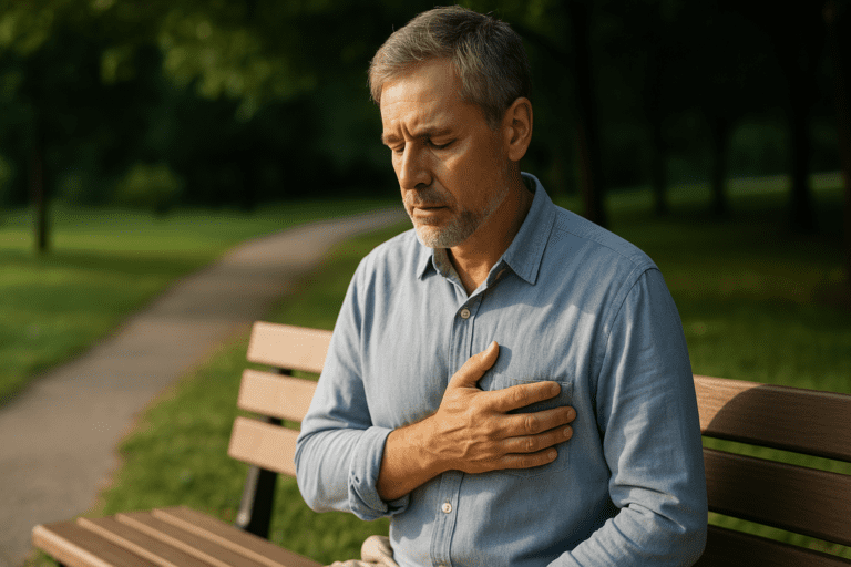 A middle-aged man with salt-and-pepper hair sits quietly on a park bench surrounded by lush greenery, resting his hand gently over his heart as he reflects on improving his heart health. The warm natural light highlights his thoughtful expression, reinforcing the theme of adopting heart-healthy habits through lifestyle changes.