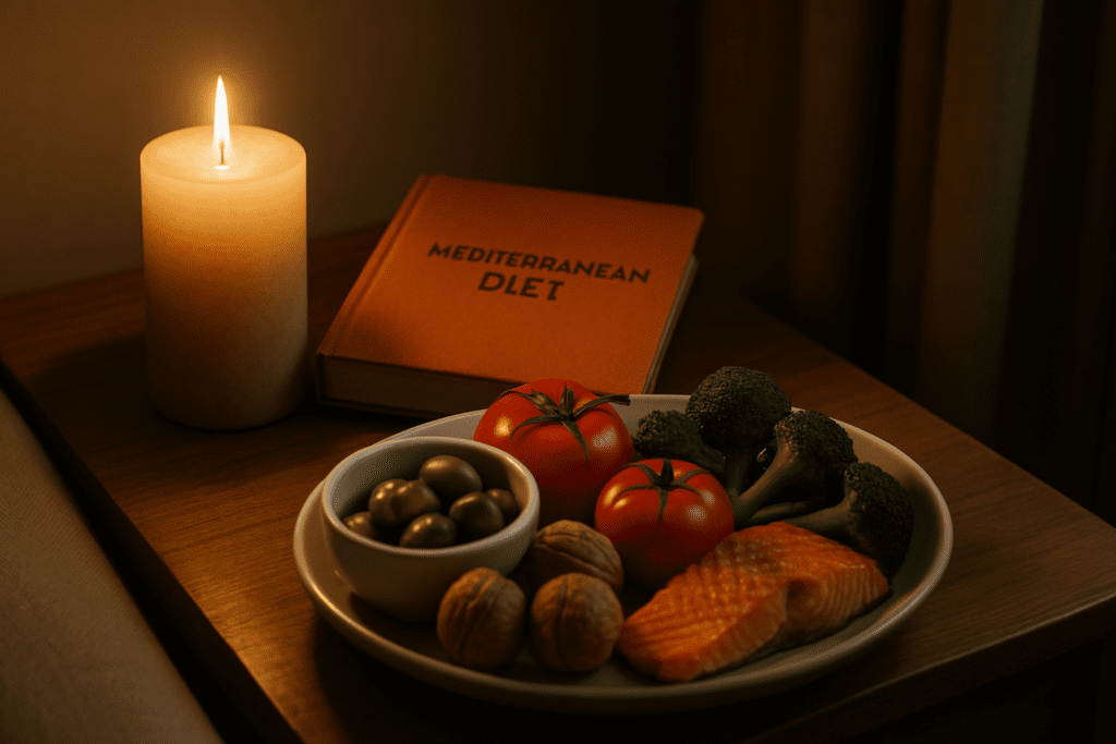 A wooden table features a flickering candle, a textured journal labeled “Mediterranean Diet,” and a neatly arranged plate of heart-healthy foods, including olives, walnuts, tomatoes, salmon, and broccoli. The warm candlelight casts soft shadows, emphasizing the connection between mindful eating and heart health.