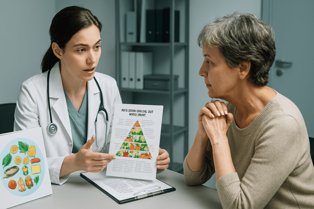 A registered dietitian in a white lab coat explains a detailed Mediterranean diet plan to a middle-aged woman in a clean, clinical office. The patient listens attentively while visual aids and a food chart reinforce evidence-based strategies for lowering cholesterol through dietary changes.