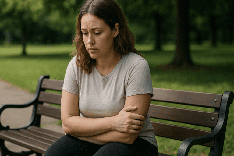 A young woman with light brown hair sits thoughtfully on a dark wooden park bench surrounded by lush greenery. Dressed in a beige T-shirt and black leggings, she looks down with a contemplative expression. Warm, natural sunlight filters through the trees, casting a gentle glow on her face, while the softly blurred pathway in the background enhances the sense of peaceful reflection related to mindful eating.