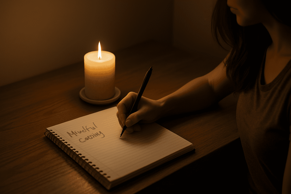 A close-up shot shows a woman's hand writing in a spiral notebook under the warm glow of a flickering candle. The words "Mindful Eating" are neatly written at the top of the page. The golden light from the candle casts soft shadows on the smooth, wooden surface of the table, creating an atmosphere of quiet reflection and focus on mindful habits.