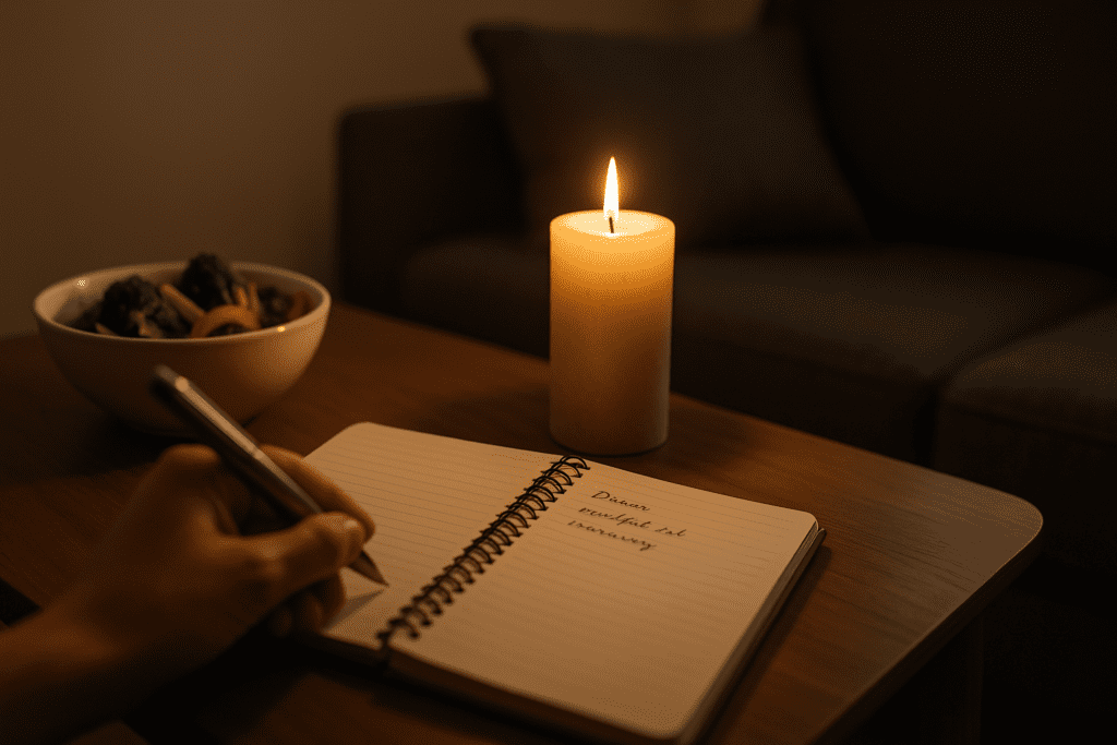 A cozy indoor scene features a journal with elegant cursive writing resting on a wooden coffee table beside a softly flickering candle. A hand holding a silver pen hovers over the page while fresh vegetables sit nearby. The background shows a blurred, plush sofa, enhancing the calm and focused atmosphere associated with mindful eating and healthy habits.