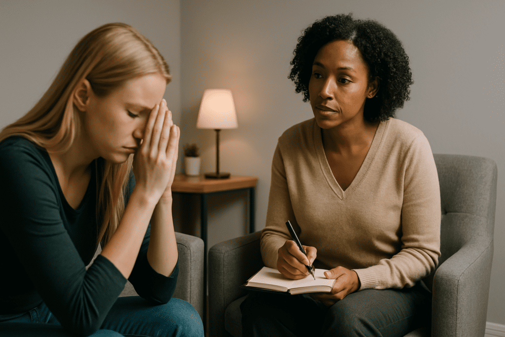 A therapy session in a serene, neutral gray office shows a middle-aged African American therapist attentively engaging with her client, a younger blonde woman. The therapist is captured in soft focus, conveying warmth and attentiveness, while the client, slightly blurred, sits contemplatively. Warm ambient lighting from a nearby lamp highlights the thoughtful atmosphere tied to emotional reflection and mindful eating strategies.