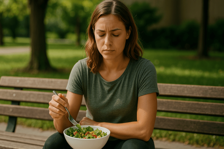 A young woman with light skin and long, brown hair sits on a wooden bench in a serene park, enjoying a fresh green salad. Soft, natural light highlights her thoughtful expression as she eats, with lush greenery and dappled sunlight creating a calming, outdoor atmosphere.