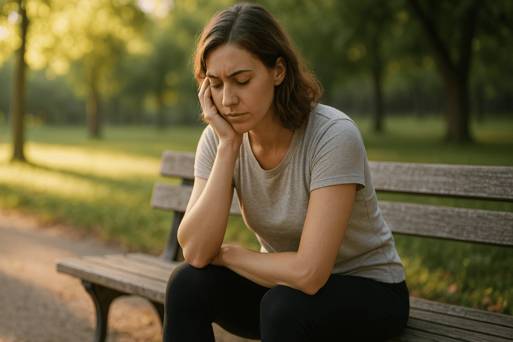 A young woman with light brown, wavy hair sits on a worn wooden bench in a serene park, bathed in the golden morning sunlight. Surrounded by lush greenery, she gazes thoughtfully into the distance, her posture reflecting calm introspection, reinforcing the theme of mindful practices during fasting.