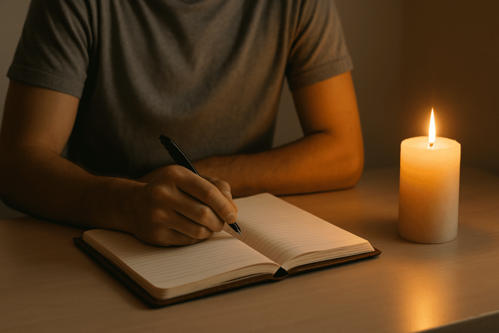 A pair of relaxed hands gently hold an open, slightly worn leather notebook on a smooth wooden surface, next to a softly flickering candle. The warm glow casts gentle shadows, creating a peaceful and reflective atmosphere, evoking the theme of journaling or mindful activities during fasting.