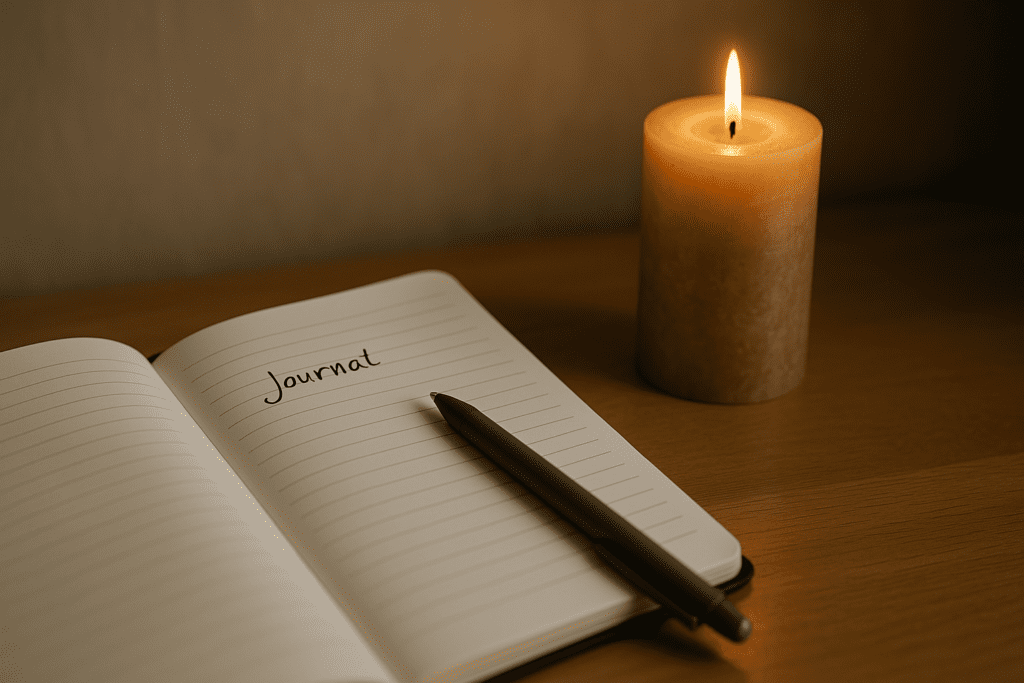 An open notebook with lightly lined pages rests beside a softly burning beige pillar candle on a wooden surface. The flame casts a warm, tranquil glow over the scene, symbolizing thoughtful reflection and mindful practices to maintain focus during fasting.