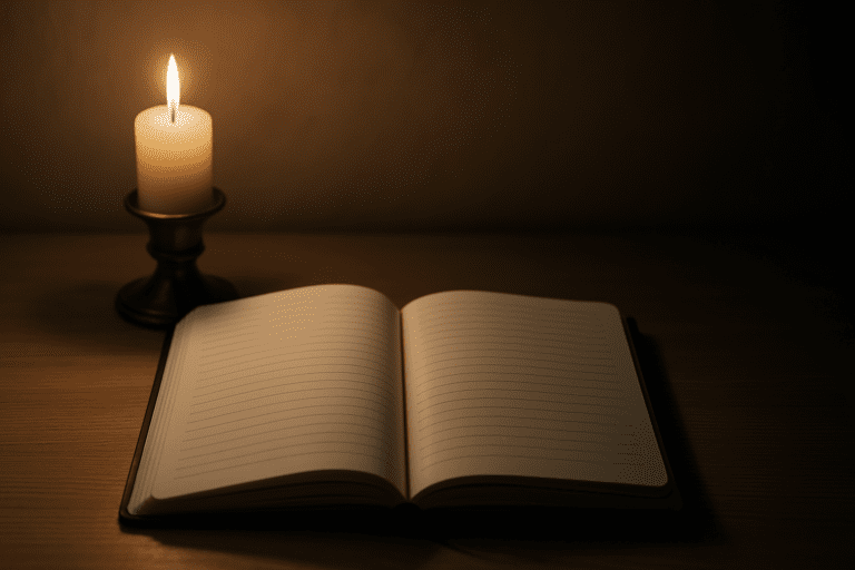 A hardcover notebook lies open on a light wooden surface, with a lit brass candle nearby, casting a moody, warm glow. The textured pages and flickering light create a calm, contemplative mood, emphasizing moments of quiet reflection during fasting.