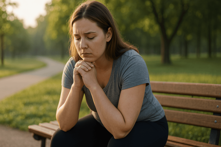 A young woman with light brown hair sits on a wooden bench in a park at dawn, gently bathed in warm sunlight. Her introspective expression and relaxed posture, set against a blurred, lush backdrop, create a peaceful, inviting atmosphere.